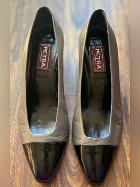 Petra Firenze Gray/Black Italian Leather Cap Toe Heels Women’s size 7.5